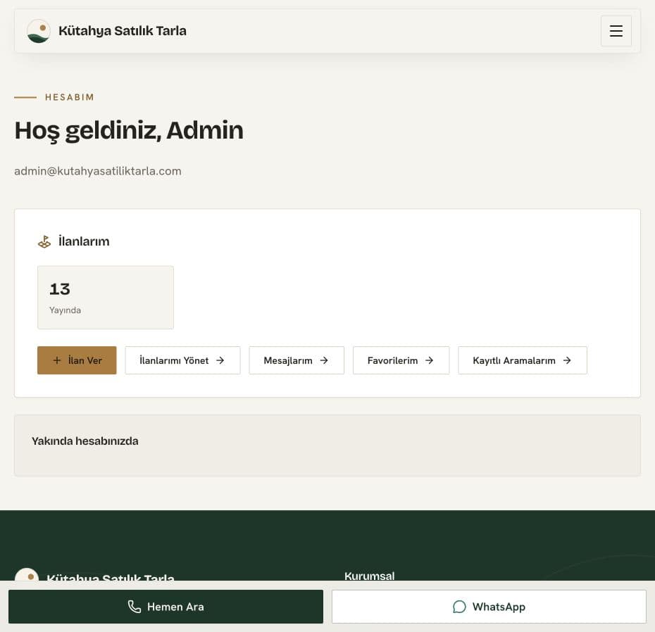 User account dashboard