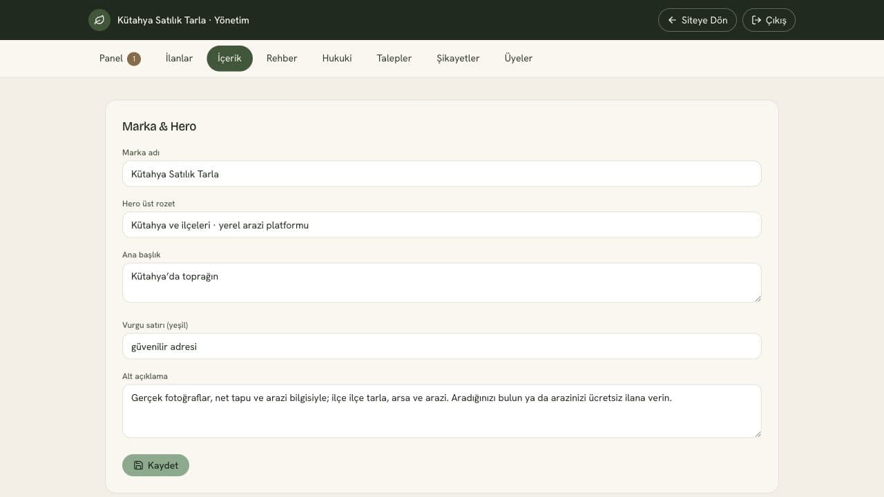 Land platform content dashboard