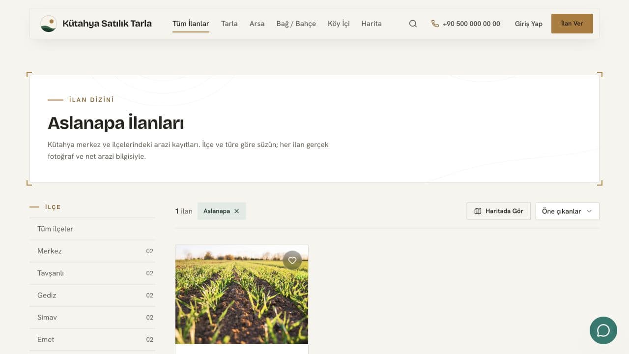 Filtered land listings