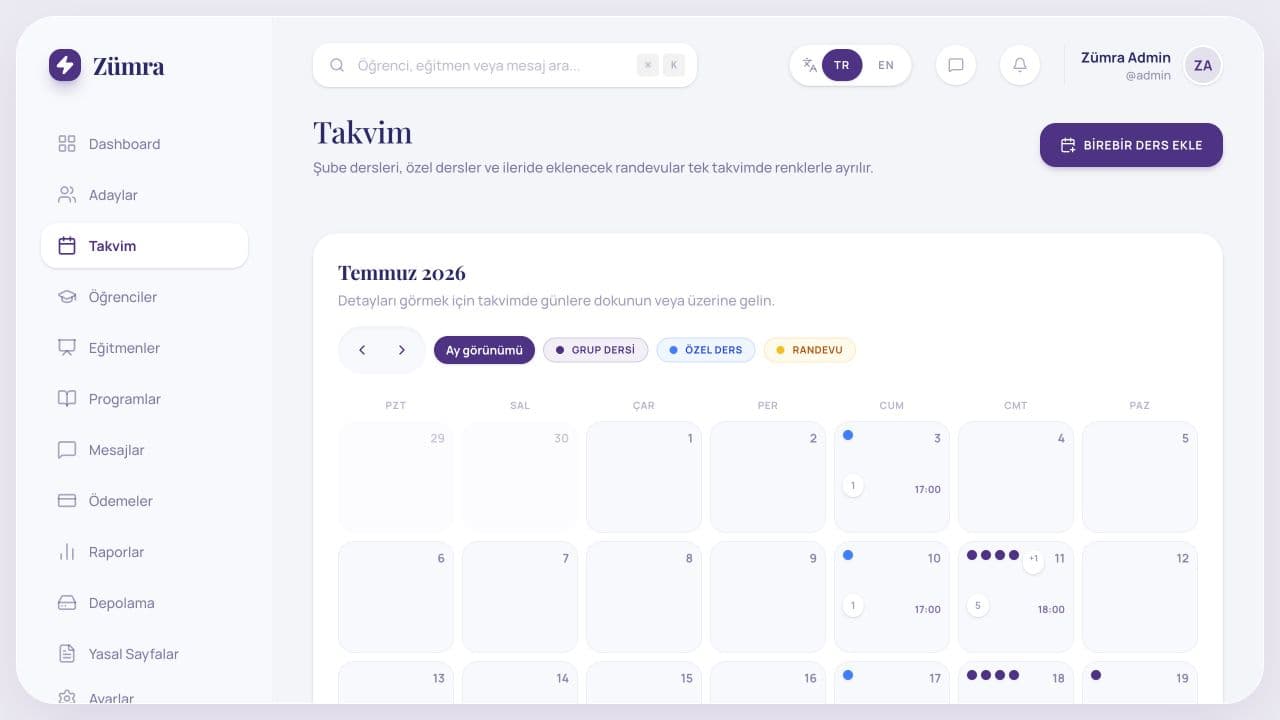 Zümra Akademi calendar