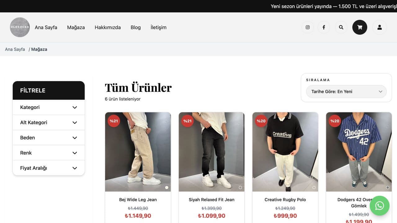 OldSocks mağaza ürün listesi